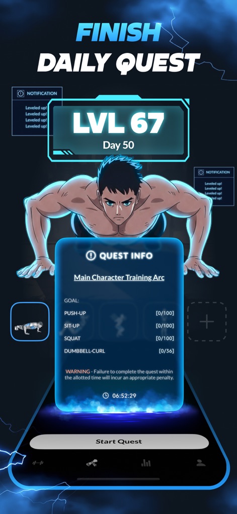 Arise: Level Up In Real Life - This screenshot highlights the "Quest Info" interface, detailing specific goals like push-ups and sit-ups, and the daily quest progression for users.