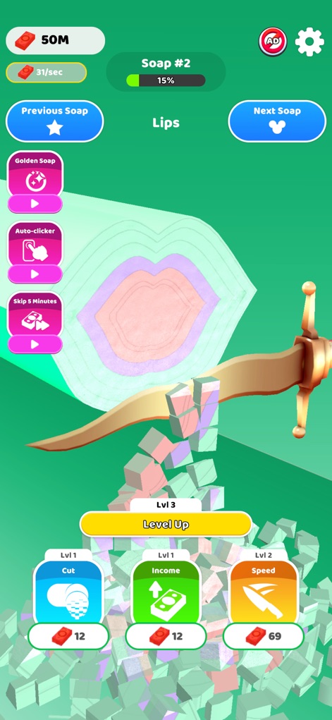 Idle Soap ASMR - Découvrez la découpe détaillée du savon “Lips” avec une lame élégante et explorez les options de jeu stratégiques telles que le bonus “Savon doré” pour optimiser les gains.
