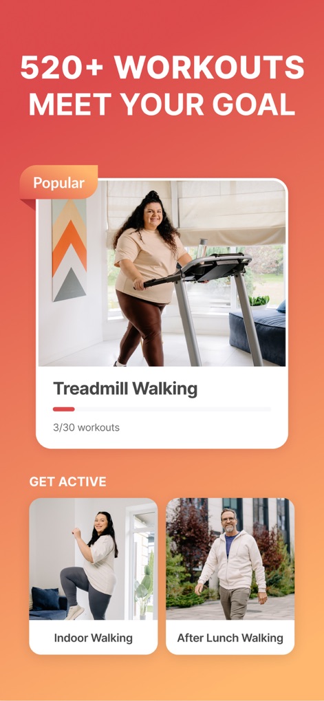 WalkFit: Walking & Weight Loss - Users can explore a vast library of 520+ workouts, including specialized options like Treadmill Walking and adaptable Indoor Walking routines.