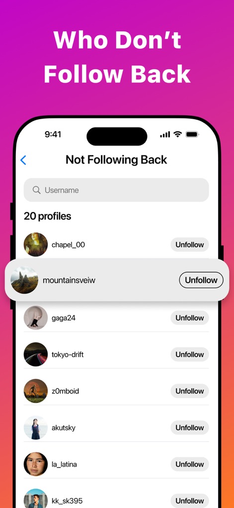 Unfollow Tracker & Reports - This tool clearly displays users who do not follow back and provides a convenient unfollow button next to each profile.