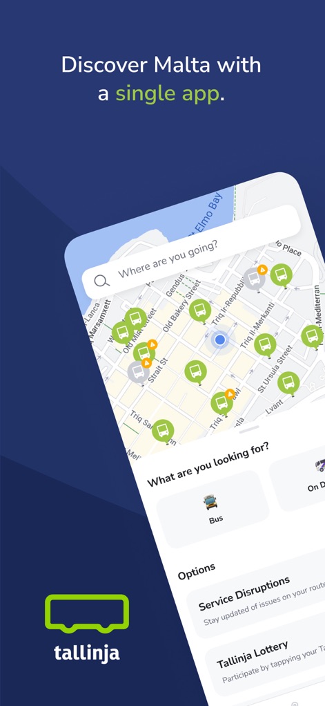Tallinja - Plan your bus trip - 사용자는 이 앱의 지도 인터페이스를 통해 목적지를 검색하고, 버스 및 주문형 서비스 옵션을 탐색할 수 있습니다.