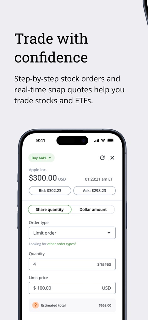 QuestMobile: Invest & Trade - The app provides precise order controls, featuring "limit order" functionality and an "estimated total" calculation for confident trade execution.