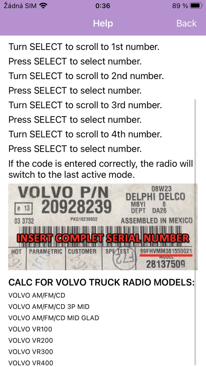 RADIO CODE for VOLVO TRUCK