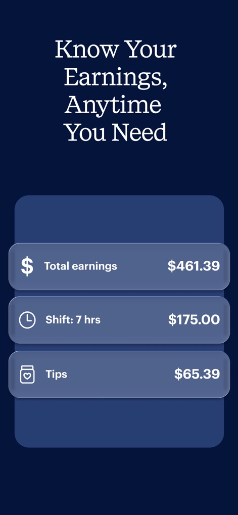 DailyPay On-Demand Pay - The tool provides a transparent overview of earnings, detailing "Total earnings," "Shift" pay, and "Tips" for comprehensive financial tracking.