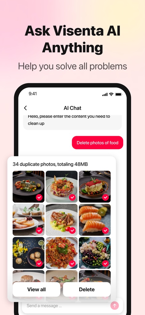 Powerful Clean: Phone Cleaner - The "AI Chat" feature demonstrates its ability to interpret commands like "Delete photos of food," presenting the identified images in a clear grid for user review.