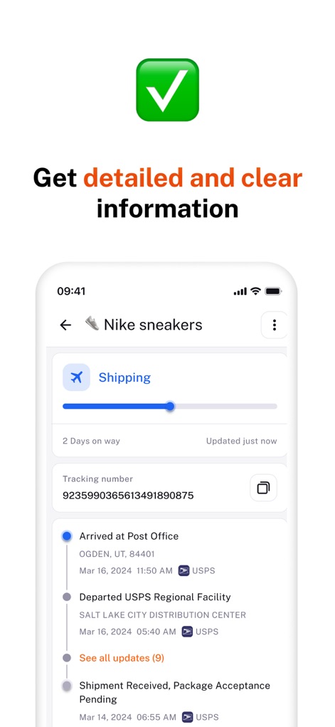 Package Tracker － Packy - L'application fournit un historique de suivi exhaustif avec des horodatages précis et intègre les logos des transporteurs (comme USPS) pour une meilleure visibilité du parcours.