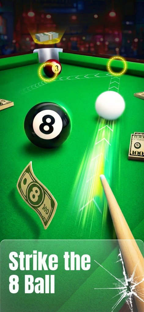 8 Ball Strike: Win Real Cash - See how the app provides glowing aiming lines for precise shots and integrates cash prize visuals directly into gameplay.