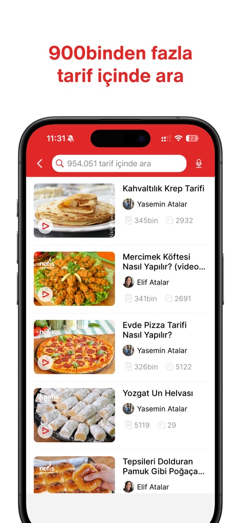 Nefis Yemek Tarifleri - L'application donne accès à un catalogue de plus de 900 000 recettes, comprenant de nombreuses options vidéo avec des compteurs de vues et de commentaires.