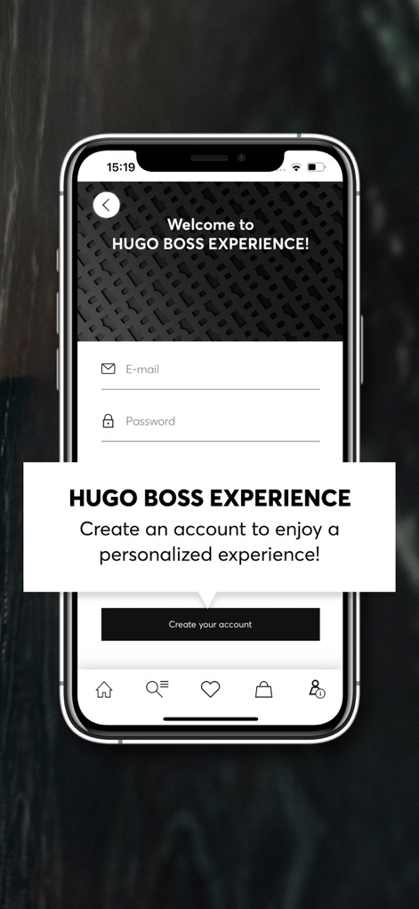 HUGO BOSS - Premium Fashion - O aplicativo convida os usuários a criar uma conta, permitindo o registro de e-mail e senha para uma experiência de compra sob medida.