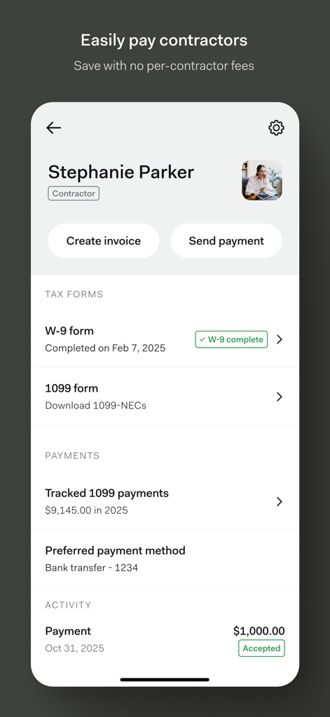 Found: Business Banking - Found simplifies contractor payments, allowing users to easily create invoices or send payments directly, and efficiently manage tax forms such as W-9 and 1099.