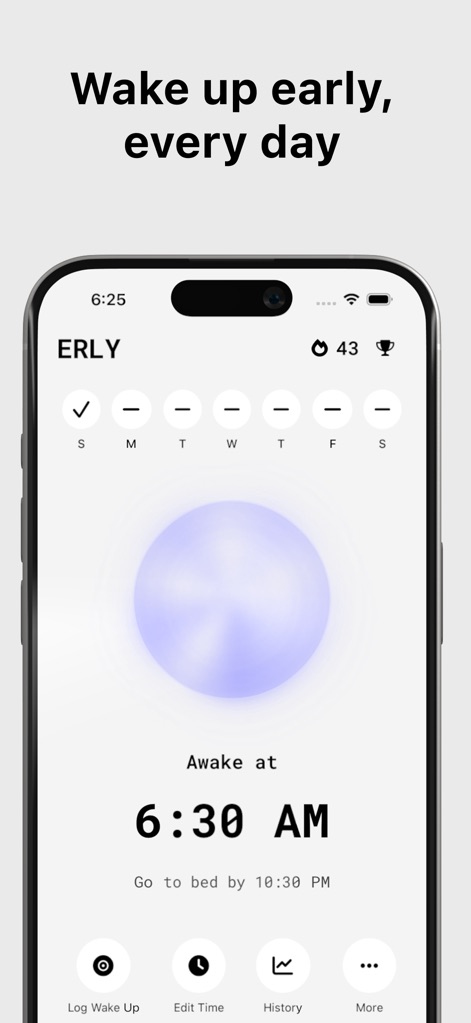 Erly: Wake Up Early - This central screen displays the user's current wake-up goal and streak progress, along with intuitive navigation to log wake-ups and view history.