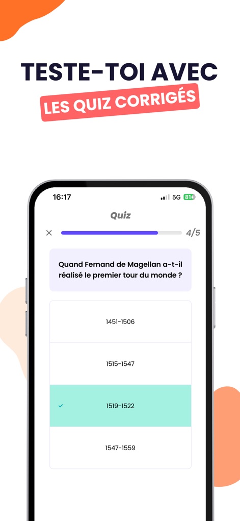 Brevet Bac Licence 2026 Nomad - The app provides 'corrected quizzes' featuring multiple-choice questions and clear indications of the right answer.
