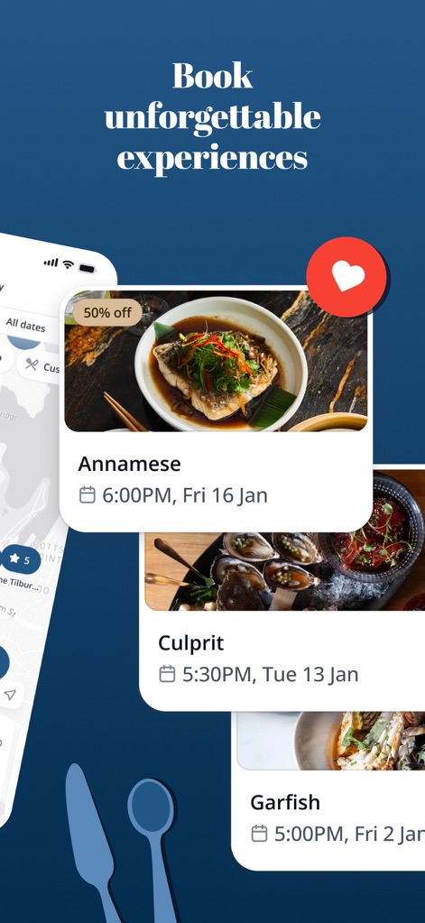 First Table - Die App ermöglicht Nutzern das Buchen unvergesslicher Essenserlebnisse, indem sie klare Buchungsdetails und die Option zum Speichern von Favoriten über das Herzsymbol bietet.