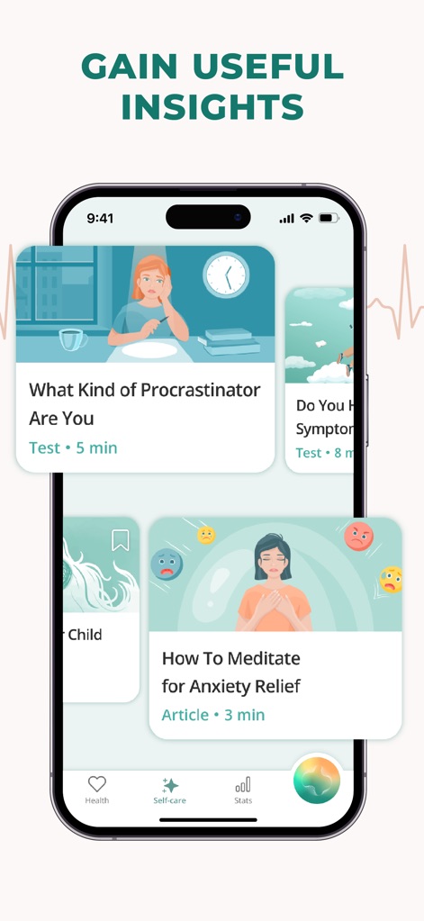 Pulsebit: Heart Rate Monitor - La aplicación ofrece acceso a diversos recursos educativos como '¿Qué tipo de procrastinador eres?' y artículos sobre 'Cómo meditar para aliviar la ansiedad', promoviendo el autocuidado.
