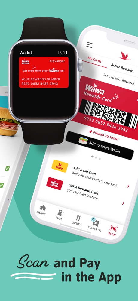 Wawa App Store screenshot 6, headline “Scan and Pay in the App”. Phone cut off at the head.