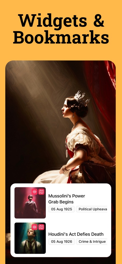 HistoryDays: Learn History - Users can personalize their learning experience with features like story cards for events such as 'Mussolini's Power Grab' and integrated bookmarking for easy content retrieval.