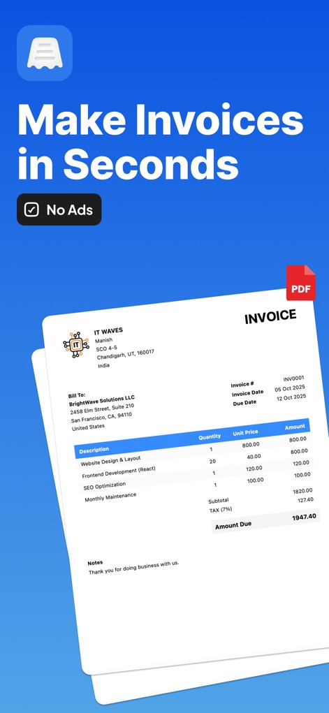 Simple Invoice Bill Maker - Business App | MWM