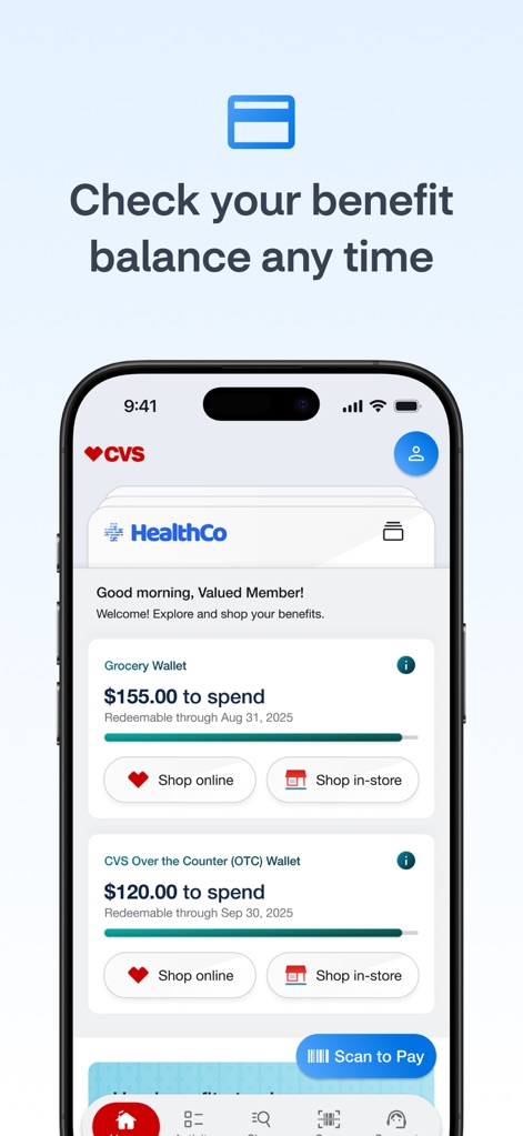 OTC Health Solutions - This crucial dashboard visually presents users with their real-time "Grocery Wallet" and "CVS Over the Counter (OTC) Wallet" balances, alongside direct options to "Shop online" or "Shop in-store."