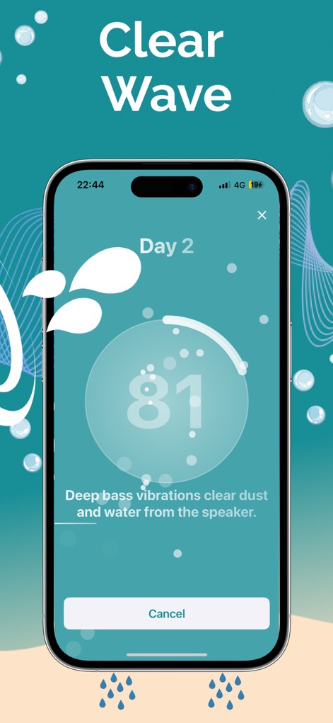Clear Wave - Remove Water - Observe the active 'Day 2' progress indicator as the app utilizes deep bass vibrations to effectively clear water from the speaker.