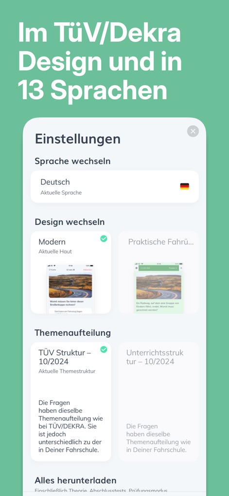Führerschein ClickClickDrive - The app's settings section allows users to switch between different languages and select a preferred design theme for their learning interface.