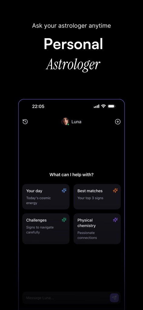 Orion – Horoscope & Tarot - La captura muestra la funcionalidad del astrólogo personal impulsado por IA, ilustrando la interfaz de chat con el astrólogo y las opciones de consulta predefinidas que guían al usuario.