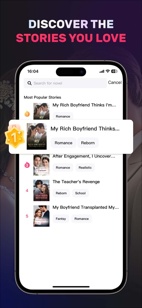 Novel Master - The app features a robust discovery engine, showcasing "Most Popular Stories" with clear rankings and helpful genre tags to guide users.