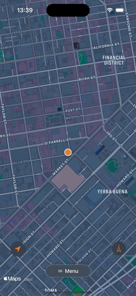 Dukes App - Explore the app's clean, intuitive map interface, designed with essential navigation controls and an accessible 'Menu' button for minimal distraction.