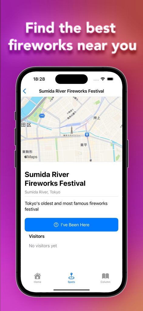 HANABI - Video Chat & Live - L'application fournit des informations détaillées sur les festivals, incluant une carte précise de localisation et un bouton d'interaction "I've Been Here" pour la communauté.