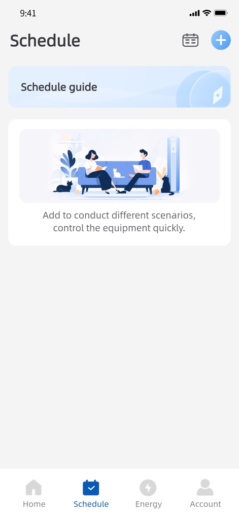 GREE+ - 本画面では、スケジュール機能の「Schedule guide」バナーが、ユーザーが異なるシナリオを追加して機器を迅速に制御できることを示し、シナリオ設定を説明する魅力的なイラストも表示されています。