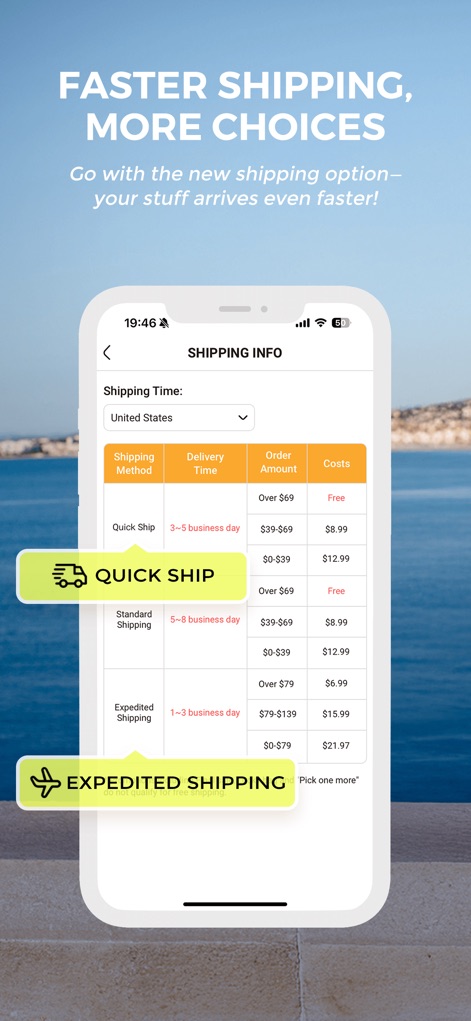 Modlily-Online Shopping - The app provides comprehensive 'SHIPPING INFO' outlining various methods like 'Quick Ship' and 'Expedited Shipping,' allowing users to choose delivery speeds that best suit their needs.