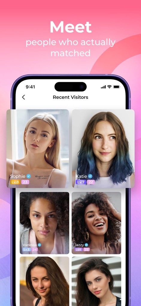 Meete - Meet New Friends - Observe how the app presents a clear overview of potential connections or "Recent Visitors," detailing each profile with their name and level for easy interaction.