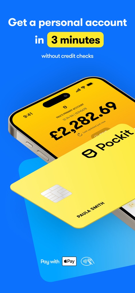 Pockit: Bank Card Alternative - 사용자는 3분 만에 개인 계정을 만들 수 있으며, 신용 조회 없이 Pockit 카드와 앱을 통해 간편하게 디지털 금융을 시작할 수 있습니다. 특히 '3분' 계좌 개설과 '신용 조회 없음'이라는 핵심 기능이 강조됩니다.