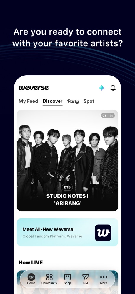 Weverse: Connect with Artists App Store screenshot 3, headline “Are you ready to connect with your favorite artists?”. Asks a question.