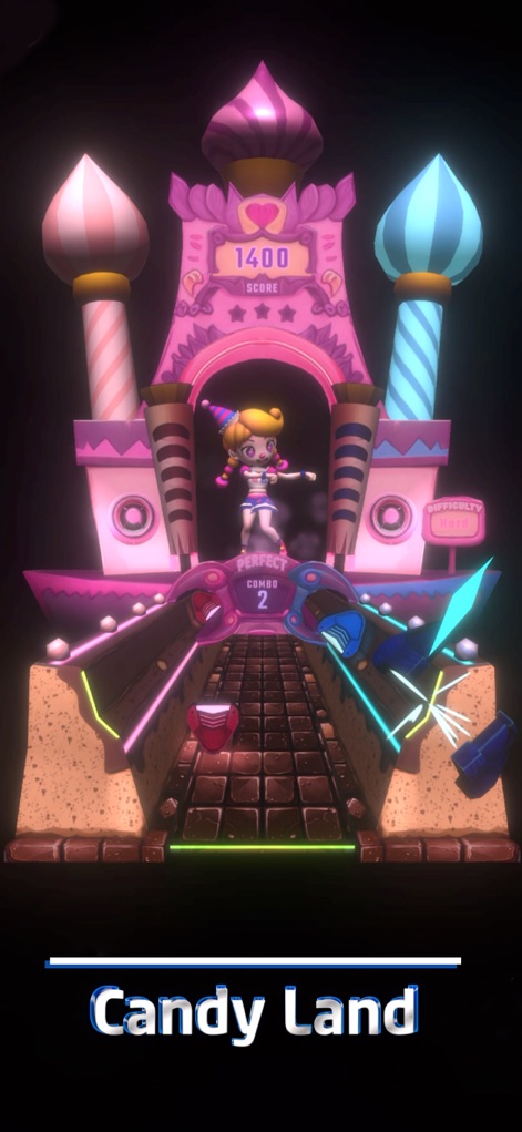 Beat Swiper - Immerse in the whimsical 'Candy Land' theme, featuring a charming pink castle environment and delightful candy-like beat elements.