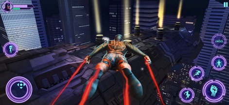 Grand Superhero Justice Sim - The app highlights exhilarating aerial movement, with the superhero soaring above futuristic city architecture and distinctive glowing trails.
