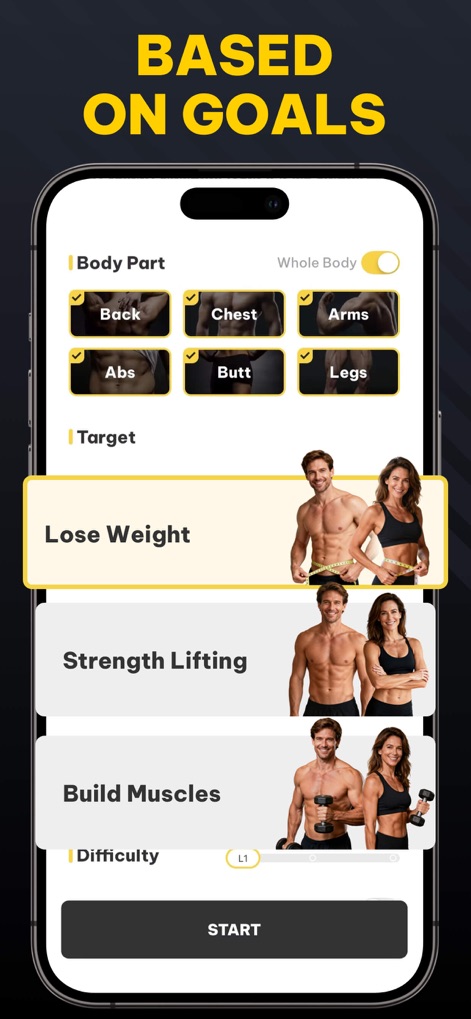 Muscle Monster Workout Planner - 사용자는 등, 가슴 등 특정 신체 부위를 선택하고, 체중 감량 또는 근육 강화와 같은 명확한 목표를 설정하여 개인화된 운동 계획을 구성할 수 있습니다.