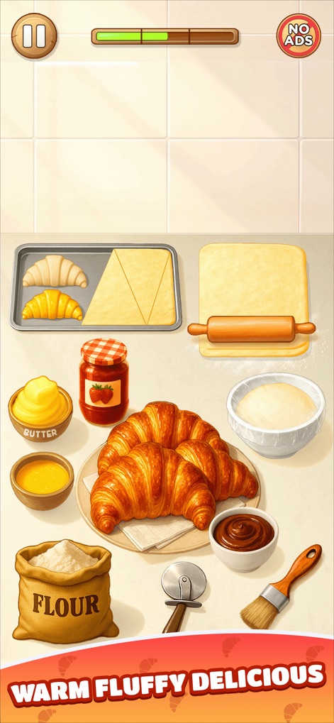 Cooking ASMR: Foodie Cook Game - Os usuários podem explorar o processo de criação de croissants, com a massa laminada e croissants já assados, complementados por ingredientes como manteiga e geleia.