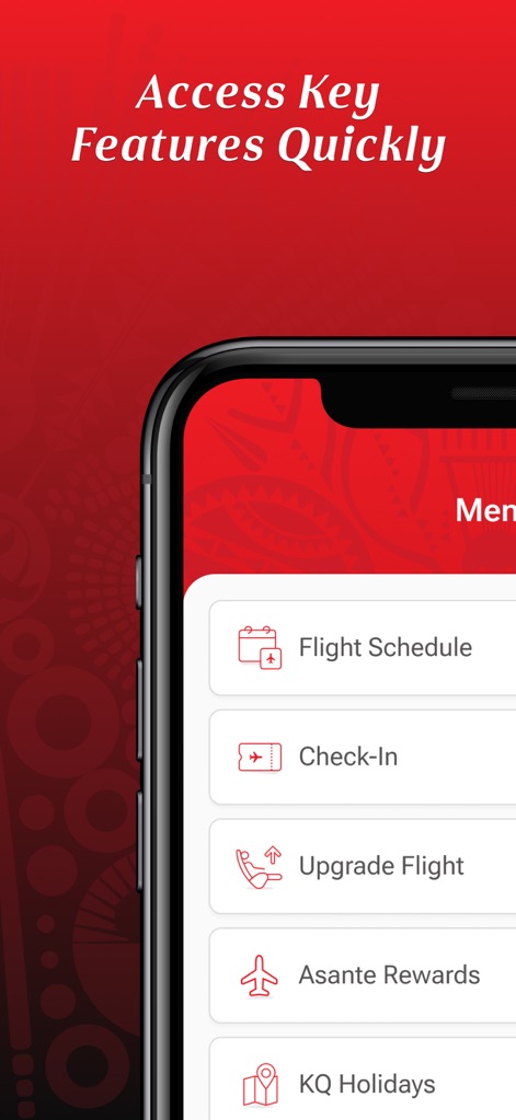 Kenya Airways - Le menu latéral propose un accès instantané aux fonctions essentielles telles que 'Flight Schedule' et 'Check-In', chacune accompagnée d'une icône explicite pour une navigation aisée.