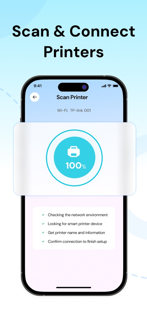 Security Camera - Smart Home - この画面では、プリンター接続の完了を示す100%の進行状況と、ネットワーク環境確認からセットアップ完了までのステップバイステップのガイドが表示され、スムーズな接続をサポートします。