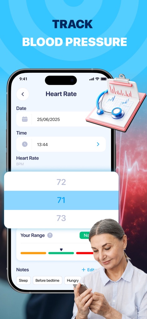 BP Tracker: Pressure Log - This tool simplifies heart rate logging with a user-friendly numerical picker and offers customizable note tags to track contextual factors like sleep or activity.