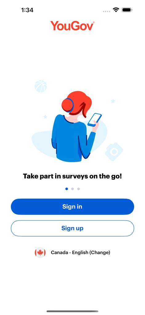 YouGov - This introductory screen clearly communicates the app's value proposition, 'Take part in surveys on the go!', and provides intuitive entry points with prominent 'Sign in' and 'Sign up' buttons.