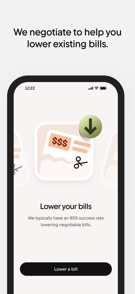 Rocket Money - Bills & Budgets - This feature streamlines bill negotiation, showcasing an illustrative icon of a reduced bill and a straightforward "Lower a bill" button to optimize recurring costs.