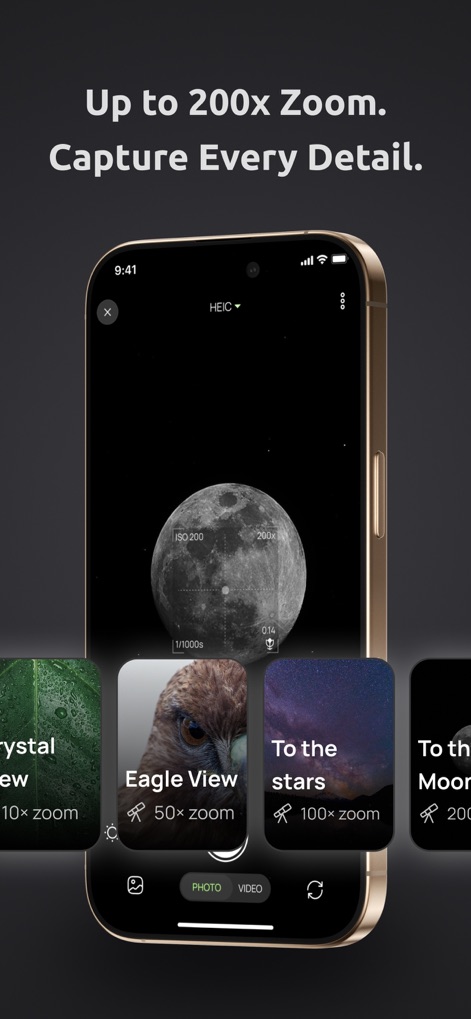 ZoomX : Super Zoom Camera - The app offers an incredible 200x zoom capability for distant subjects, complemented by intuitive zoom presets like 'Eagle View' for quick access.