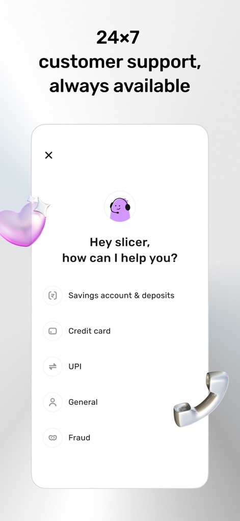 slice: UPI credit card & bank - A tela de suporte ao cliente apresenta opções para ajuda específica, como "Savings account & deposits" e "Credit card", garantindo assistência 24 horas por dia, 7 dias por semana.