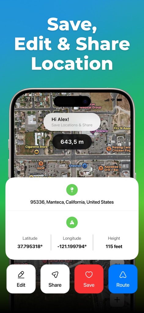 Location Changer: Loc Saver - The app offers a comprehensive location control panel, showing precise GPS coordinates and offering immediate actions like Save and Share.