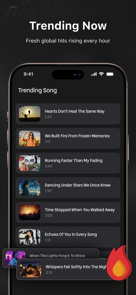 RYT - Music Player - La característica "Trending Now" destaca la lista de "Trending Song" en tiempo real, complementada por un reproductor emergente con un ícono de llama que indica los éxitos del momento.