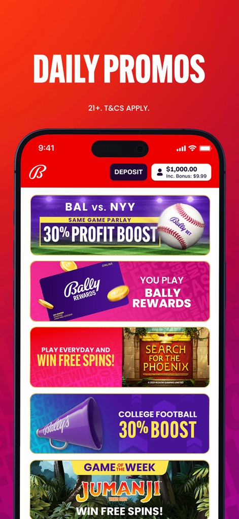 Bally Bet Sportsbook & Casino - Uncover the app's dynamic 'Daily Promos', featuring attractive offers like a '30% Profit Boost' for parlays and exclusive 'Bally Rewards' benefits.