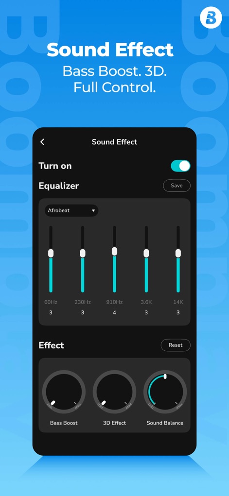 Boomplay Lite：Music Player Pro - Delve into the app's powerful sound effects panel, offering a multi-band equalizer with adjustable frequency sliders and dedicated controls for bass boost and 3D effects.