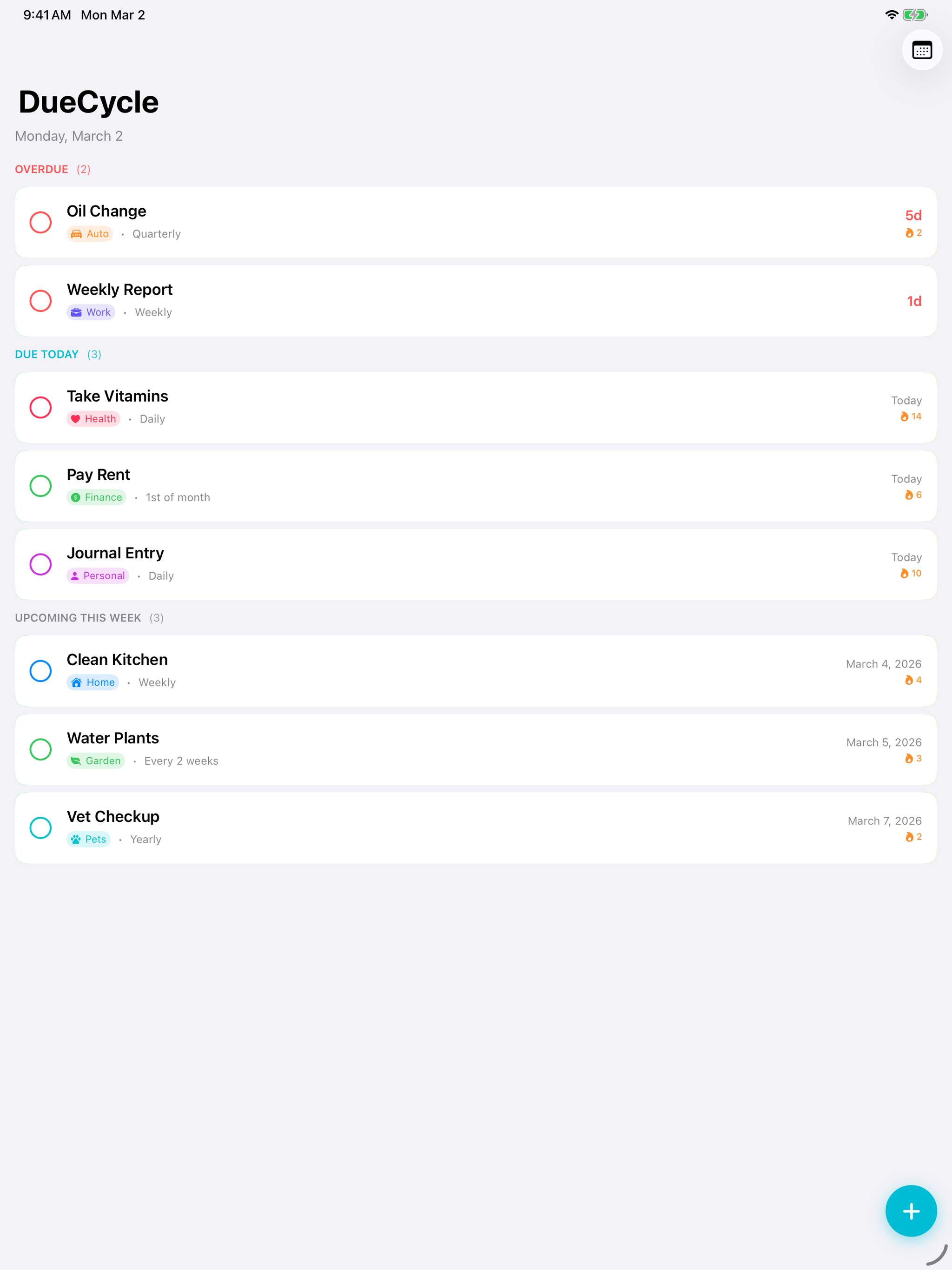 DueCycle: Recurring Tasks