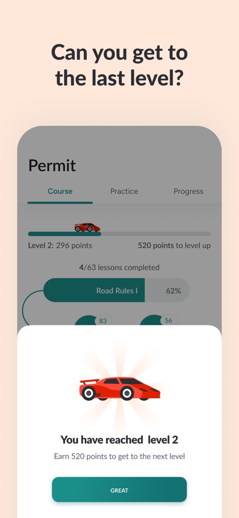 Zutobi: Permit & Driving Prep - The app motivates learners with gamified achievements, celebrating level advancements and providing clear goals for continued progress.